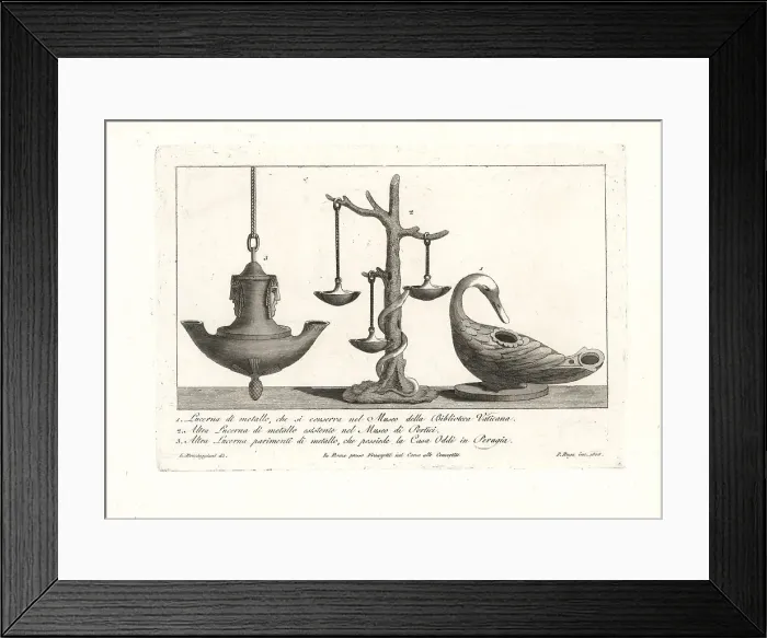 Framed Print : Ancient Roman metal lamps