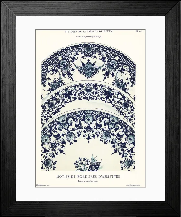 Framed Print : Plate border mofifs in blue camaieu, festoon style, Rouen Framed Print : Plate border mofifs in blue camaieu, festoon style, Rouen