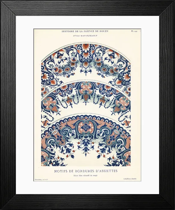 Framed Print : Plate border motifs in blue and red festoon style, Rouen Framed Print : Plate border motifs in blue and red festoon style, Rouen