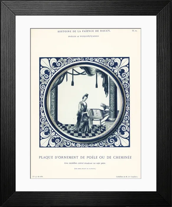 Framed Print : Ornamental plaque of a lady playing a harpsichord, Rouen Framed Print : Ornamental plaque of a lady playing a harpsichord, Rouen