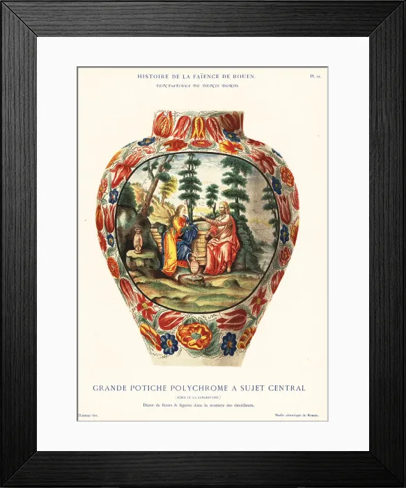 Framed Print : Large colourful vase with central image of Jesus, Rouen Framed Print : Large colourful vase with central image of Jesus, Rouen