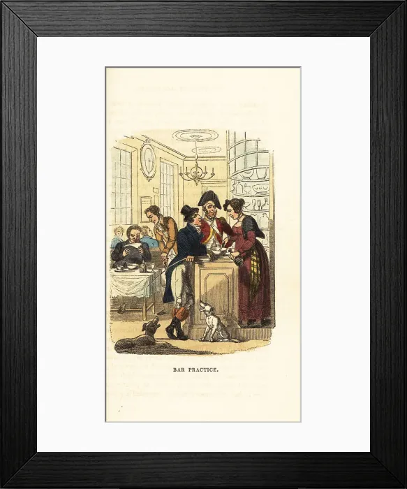 Framed Print : A gentleman and soldier flirting with an innkeeper at the bar Framed Print : A gentleman and soldier flirting with an innkeeper at the bar
