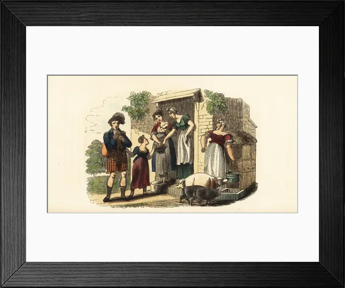 Framed Print : Scottish bagpiper playing music for maids outside a farm Framed Print : Scottish bagpiper playing music for maids outside a farm