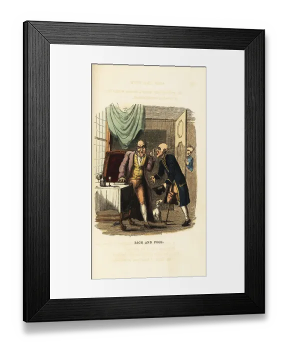 Framed Print : A rich miser listens with an ear trumpet to a poor soldier Framed Print : A rich miser listens with an ear trumpet to a poor soldier
