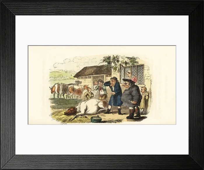 Framed Print : An obese vet examines a sick cow at a dairy farm, Georgian era Framed Print : An obese vet examines a sick cow at a dairy farm, Georgian era