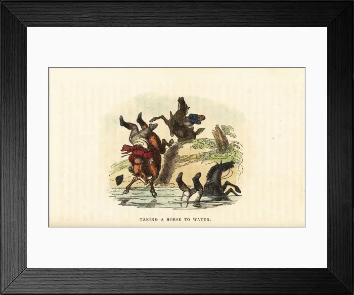 Framed Print : Two English gentlemen on horseback diving into a river Framed Print : Two English gentlemen on horseback diving into a river