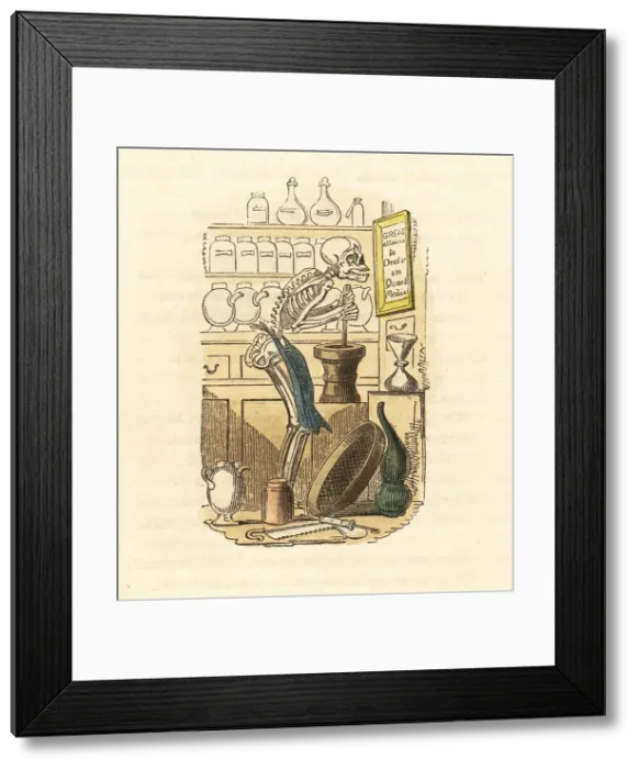 Framed Print : Skeleton of Death in a quack doctor's apothecary shop Framed Print : Skeleton of Death in a quack doctor's apothecary shop