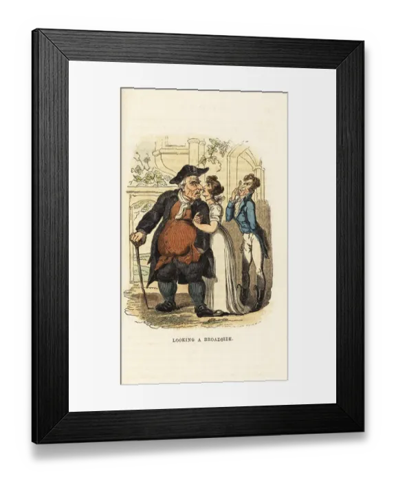 Framed Print : A corpulent man staring angrily at a fop for looking at his daug Framed Print : A corpulent man staring angrily at a fop for looking at his daug
