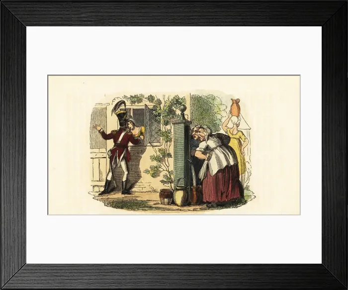 Framed Print : An army officer kissing goodbye to a village girl at her window