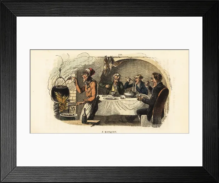 Framed Print : Georgian gentlemen eating soup from a tureen in a garret Framed Print : Georgian gentlemen eating soup from a tureen in a garret