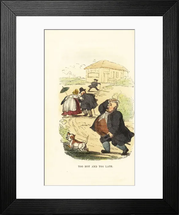 Framed Print : Obese people running to catch a stage coach in Georgian England Framed Print : Obese people running to catch a stage coach in Georgian England
