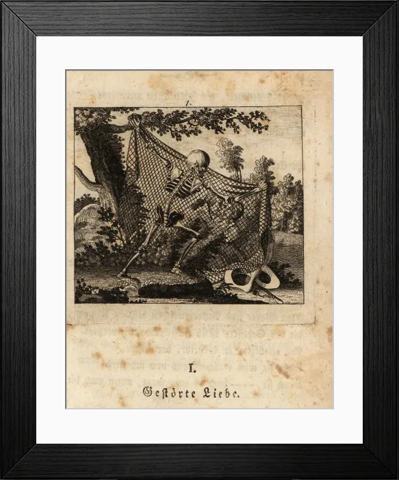 Framed Print : The skeleton of Death catching two lovers in a net Framed Print : The skeleton of Death catching two lovers in a net