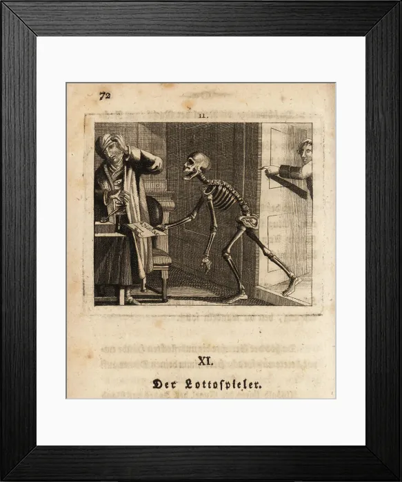Framed Print : The skeleton of Death brings a lottery number to a gambler, 18th Framed Print : The skeleton of Death brings a lottery number to a gambler, 18th