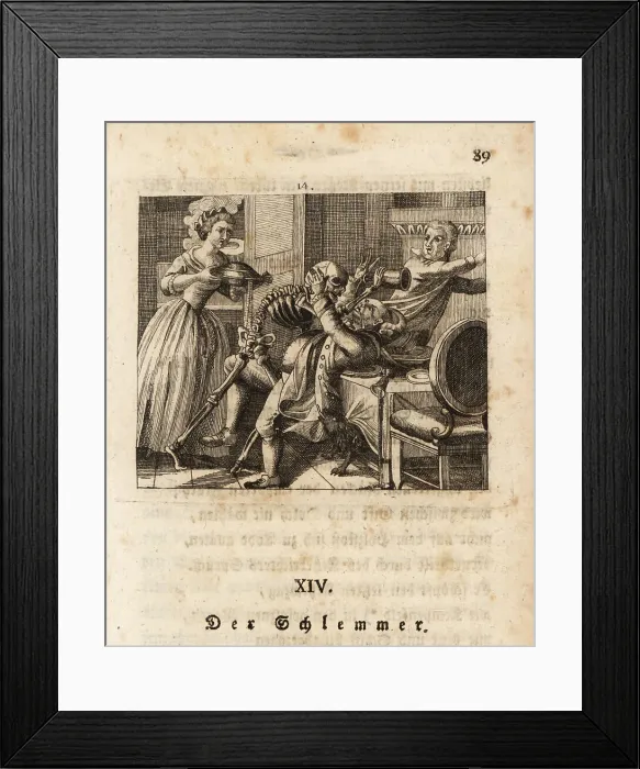 Framed Print : The skeleton of Death pours wine into a glutton's mouth Framed Print : The skeleton of Death pours wine into a glutton's mouth