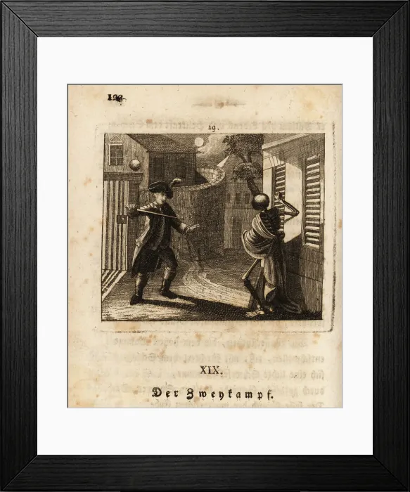 Framed Print : The skeleton of Death in a moonlight duel, 18th century Framed Print : The skeleton of Death in a moonlight duel, 18th century