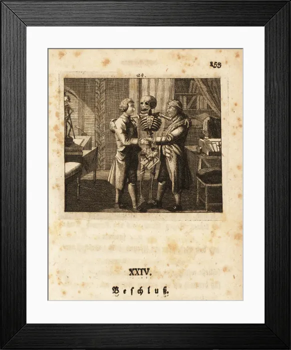 Framed Print : The skeleton of Death with the author and artist, 18th century Framed Print : The skeleton of Death with the author and artist, 18th century