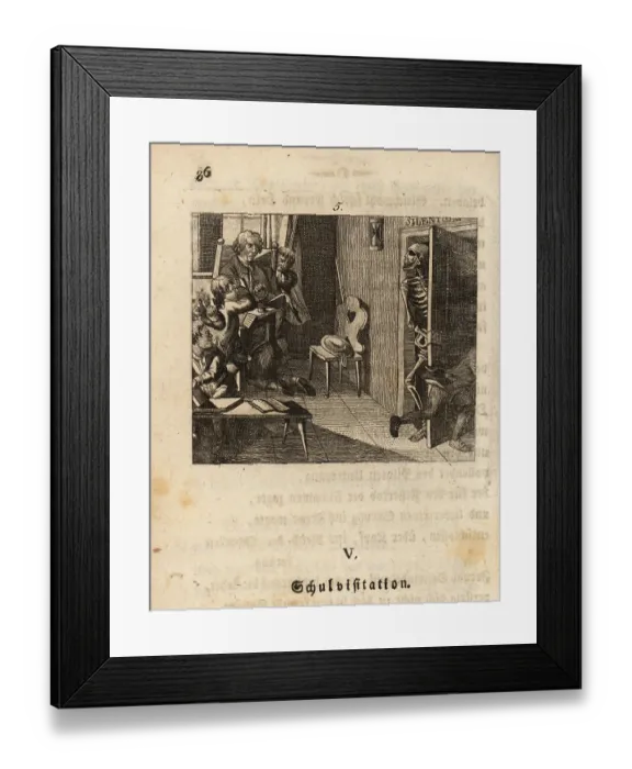 Framed Print : The skeleton of Death visits a boys school, 18th century Framed Print : The skeleton of Death visits a boys school, 18th century
