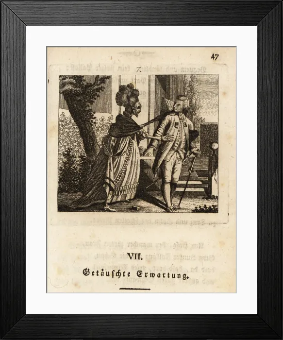 Framed Print : The skeleton of Death in a dress embraces a libertine, 18th cent Framed Print : The skeleton of Death in a dress embraces a libertine, 18th cent