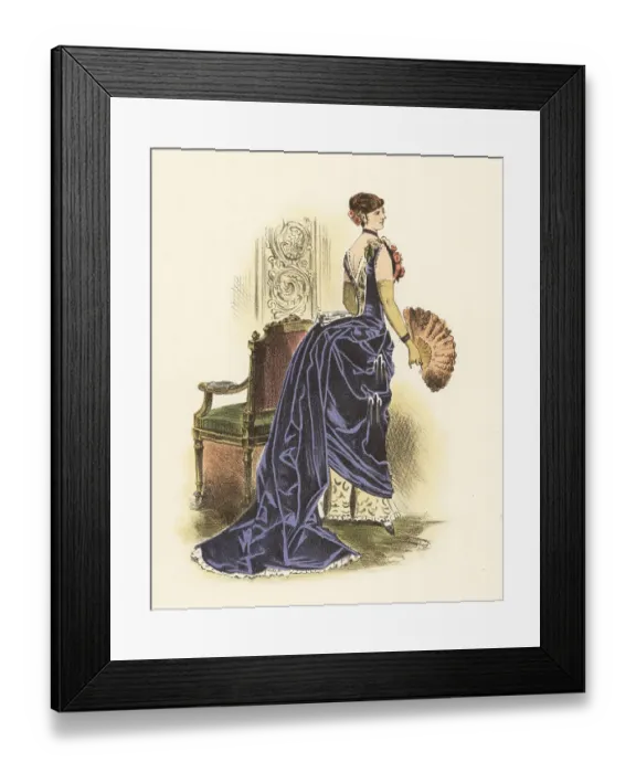 Framed Print : Fashionable woman in a lavish gown with huge bustle and train, 1 Framed Print : Fashionable woman in a lavish gown with huge bustle and train, 1