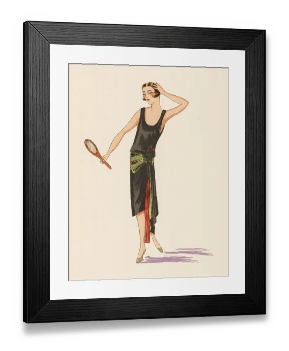 Framed Print : Woman in an asymmetrical evening gown holding a mirror. 1924 Framed Print : Woman in an asymmetrical evening gown holding a mirror. 1924
