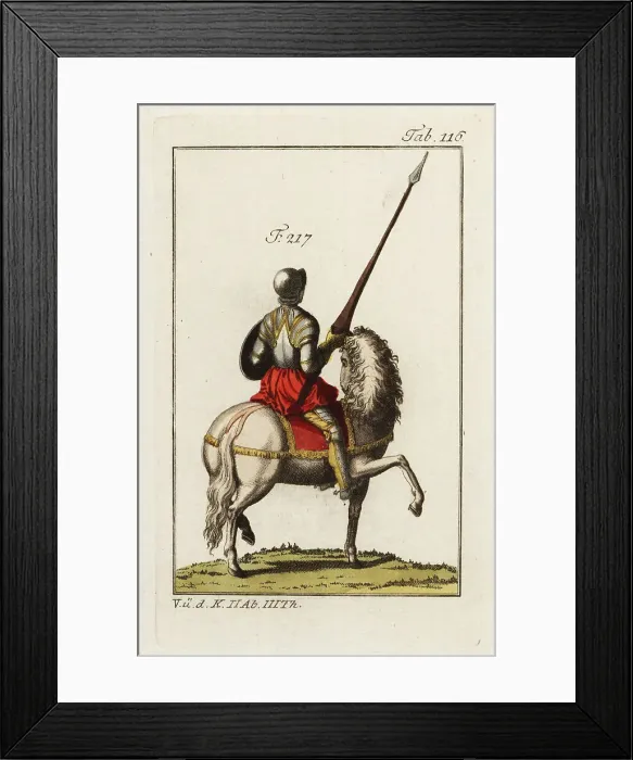Framed Print : Mounted equerry in full armor with lance, shield and helmet Framed Print : Mounted equerry in full armor with lance, shield and helmet
