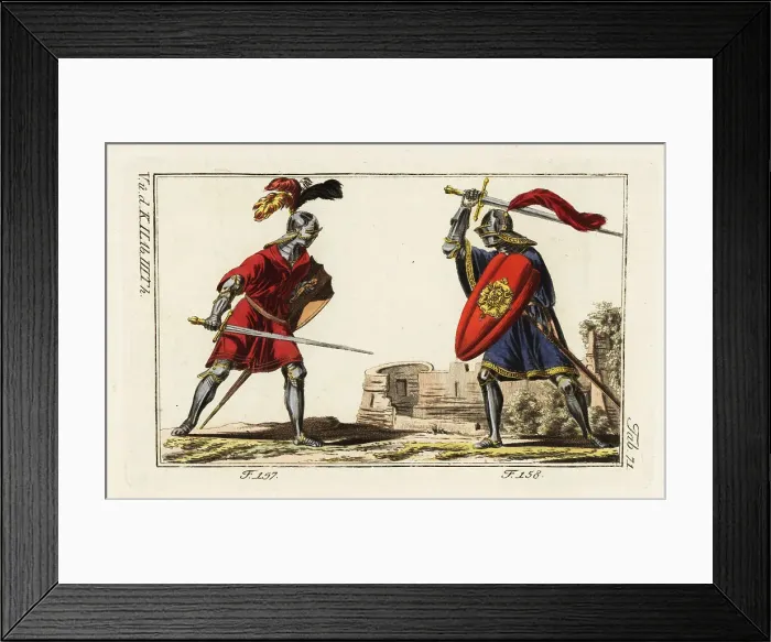 Framed Print : Two knights fighting a duel with swords in a tourney Framed Print : Two knights fighting a duel with swords in a tourney