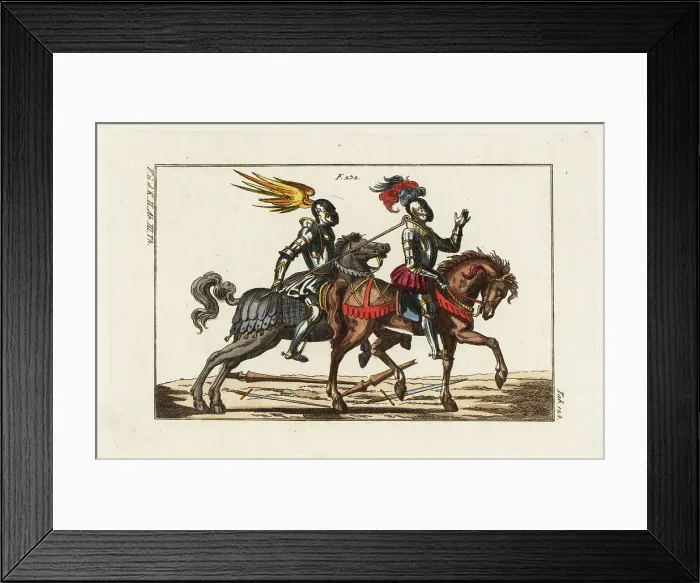 Framed Print : Two mounted knights in a tournament duel with a hook Framed Print : Two mounted knights in a tournament duel with a hook