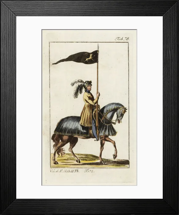 Framed Print : Knight in armor on horseback with his standard Framed Print : Knight in armor on horseback with his standard