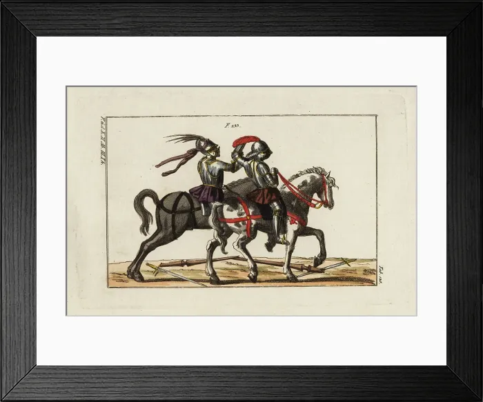 Framed Print : Two knights in plate armor on horseback fighting a duel Framed Print : Two knights in plate armor on horseback fighting a duel