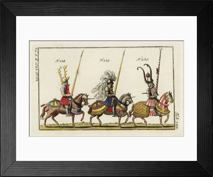 Framed Print : Three mounted knights in armor for different tournaments Framed Print : Three mounted knights in armor for different tournaments
