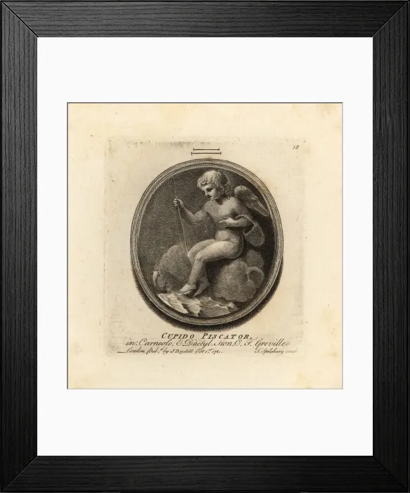 Framed Print : Cupid fishing with a rod and basket on the shoreline Framed Print : Cupid fishing with a rod and basket on the shoreline