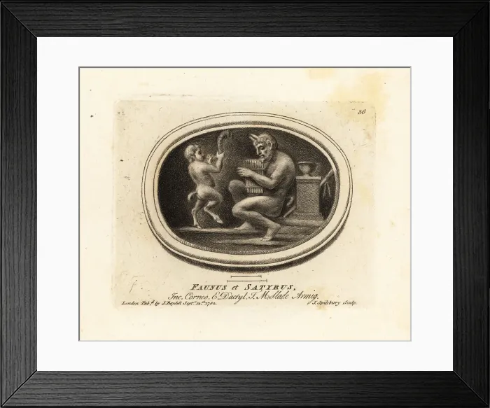 Framed Print : A satyr playing panpipes and faun with ram's horn Framed Print : A satyr playing panpipes and faun with ram's horn