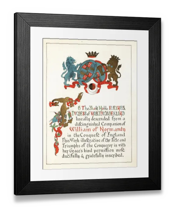 Framed Print : Dedication page with illuminated inscription, initial and coat o Framed Print : Dedication page with illuminated inscription, initial and coat o