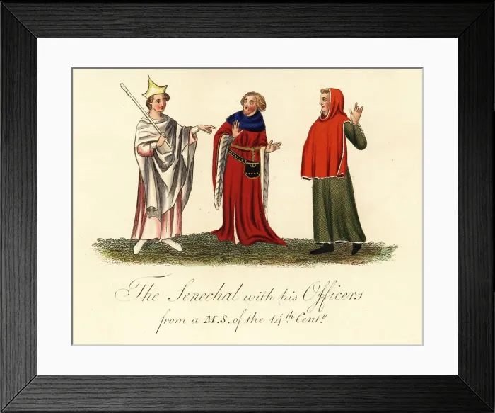 Framed Print : Costume of a Seneschal or steward and officers, 14th century Framed Print : Costume of a Seneschal or steward and officers, 14th century