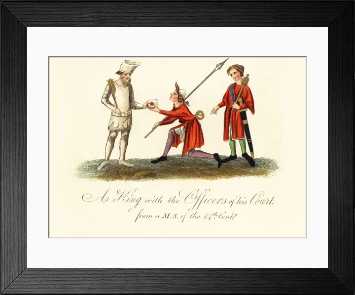 Framed Print : A king with officers of his court from a 14th century MS Framed Print : A king with officers of his court from a 14th century MS