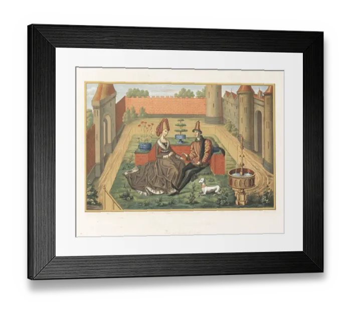 Framed Print : Maulgis with the Belle Oriande in a garden, 15th century Framed Print : Maulgis with the Belle Oriande in a garden, 15th century