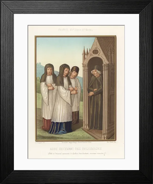 Framed Print : Three nuns visit an abbot, France, 15th century Framed Print : Three nuns visit an abbot, France, 15th century