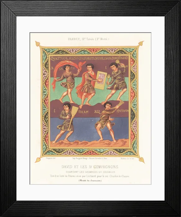 Framed Print : King David playing music with four musicians and dancers Framed Print : King David playing music with four musicians and dancers