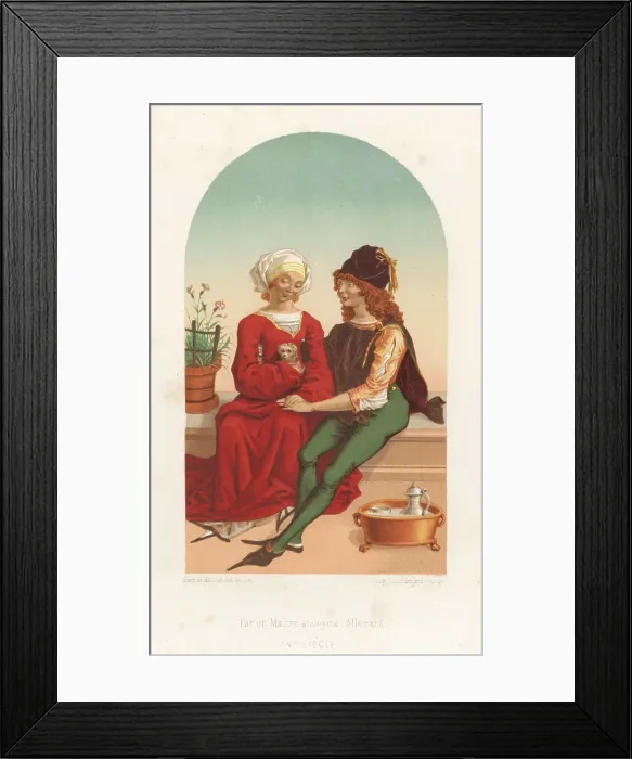 Framed Print : Young couple with a lap dog, 15th century
