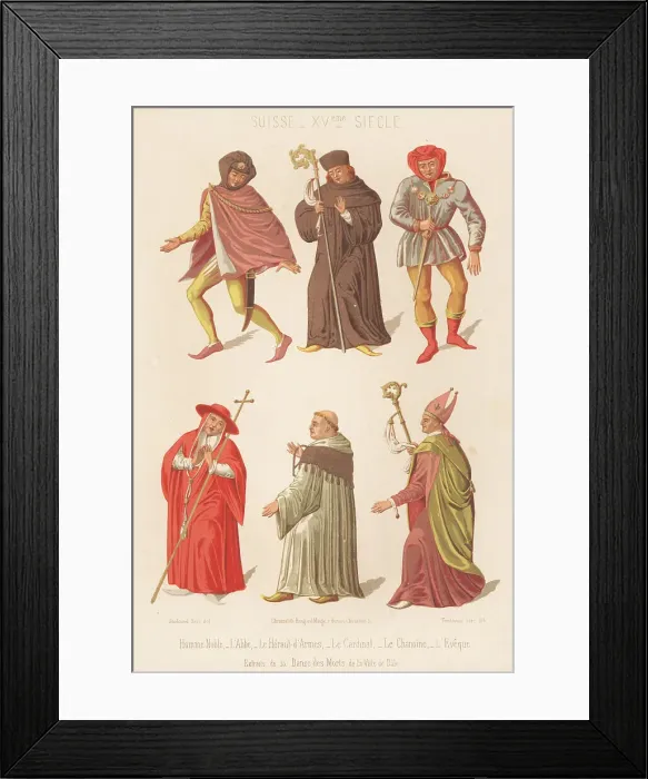 Framed Print : Swiss male costumes from La Danse des Morts, 15th century Framed Print : Swiss male costumes from La Danse des Morts, 15th century
