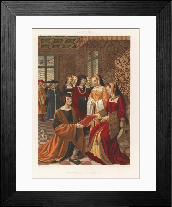 Framed Print : Jean Desmaretz presenting a book to Queen Anne of France, 15thC