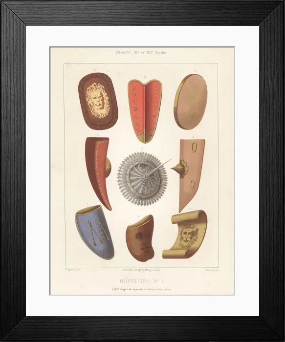 Framed Print : Military shields or bucklers, 11th to 16th centuries Framed Print : Military shields or bucklers, 11th to 16th centuries
