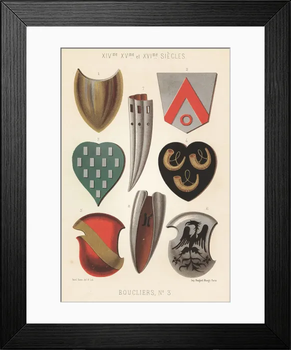 Framed Print : Military shields or bucklers, 14th to 16th centuries Framed Print : Military shields or bucklers, 14th to 16th centuries