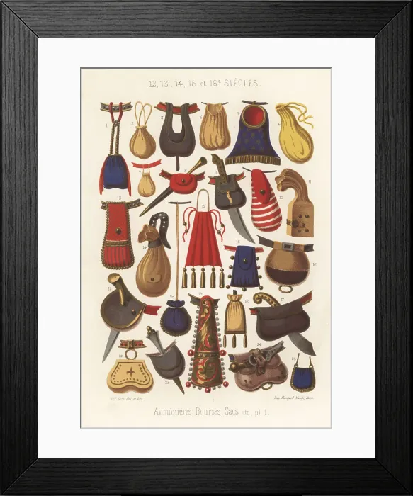 Framed Print : Types of bags, purses, almoner bag, 12th to 16th centuries