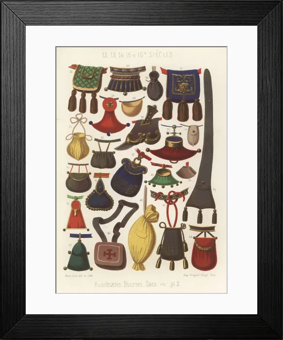 Framed Print : Types of bags, purses, satchels, 12th to 16th centuries Framed Print : Types of bags, purses, satchels, 12th to 16th centuries