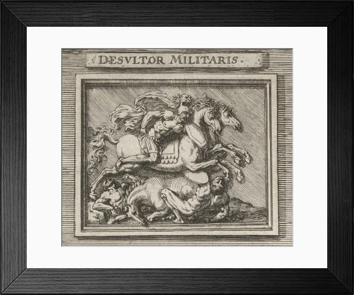 Framed Print : A Roman cavalryman or desultor leaping across two horses Framed Print : A Roman cavalryman or desultor leaping across two horses