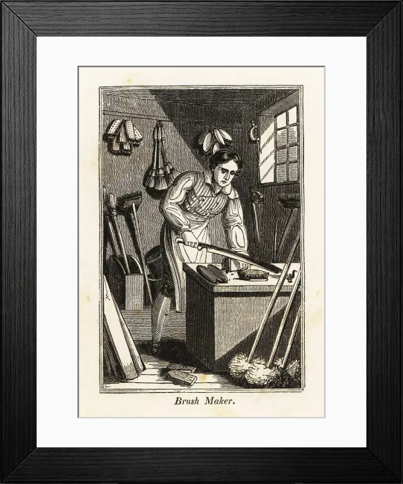 Framed Print : Brushmaker trimming a broomhead in a workshop Framed Print : Brushmaker trimming a broomhead in a workshop