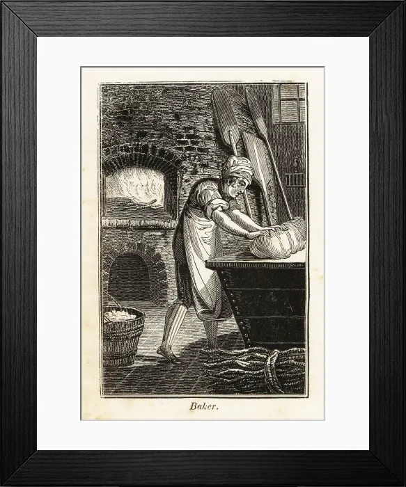 Framed Print : Baker in apron and hat kneading dough in a kitchen Framed Print : Baker in apron and hat kneading dough in a kitchen