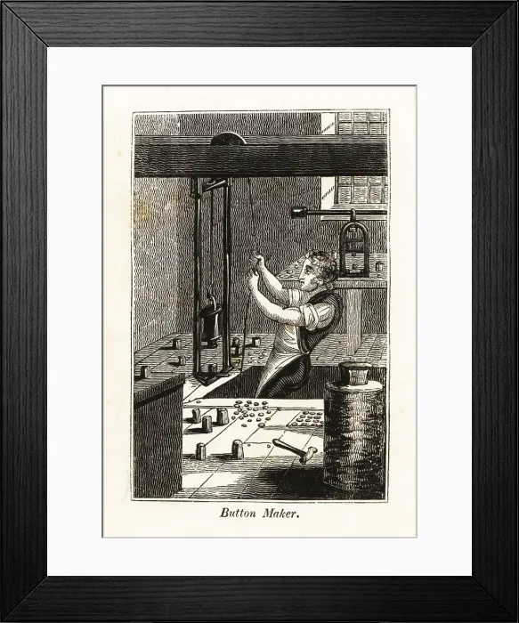 Framed Print : Buttonmaker raising a weight on a pulley to stamp buttons Framed Print : Buttonmaker raising a weight on a pulley to stamp buttons