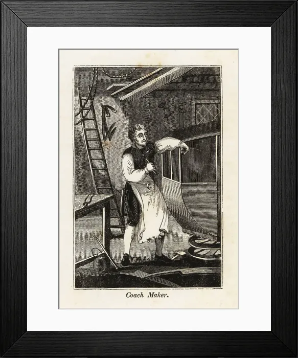 Framed Print : Coach maker working on a carriage in a workshop Framed Print : Coach maker working on a carriage in a workshop